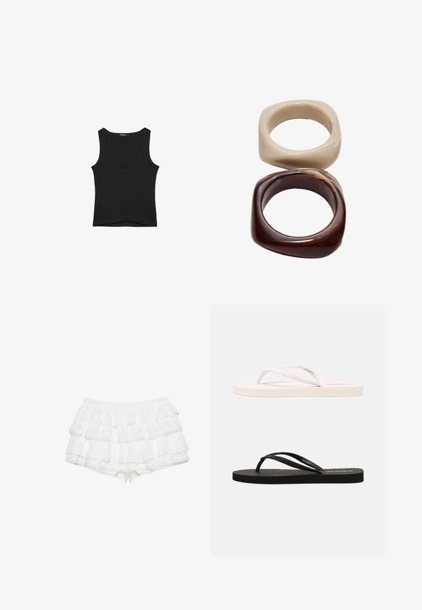 Svart ärmlös V-ringad bomullstopp med rak nederkant och smala axelband, liggande platt på en vit bakgrund.; Vita shorts med tre volanglager, gjorda av ett lättviktigt tyg med hålmönster. Elastisk midja, scallopade kanter.; Vita och svarta gummitofflor med strukturerade fotbäddar, tunna remmar och kontrasterande färger. Varje par har en enkel design och minimal branding.; Stradivarius SET - Armband - dark brown
