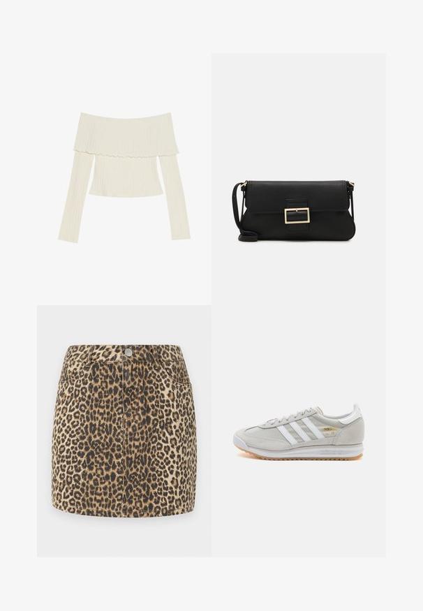 Kreemivärvi õlavarrelt avatud ribatop, millel on volangiga kaelus ja pikad varrukad, millel on eriline fookus figuuri tõttu. Üldiselt sile tekstuur.; Leopardi mustriga teksaseelik, millel on keha rõhutav disain, nupplukuga ja viie taskuga stiil. Omab tekstuurset kangast pruunide ja mustade toonidega.; Heled hallid tossud, mis on valmistatud nubukist ja võrgust, millel on kolm valget triipu, ümmargune varvas ja kummist tald. Kuldne logoelement paelte lähedal.; Must haben musta nahkklahviga kott, millel on klapp ja kuldne metallist pandla detail. Kaasas must rihm ja stiilne, minimalistlik disain.; Kuldtooni metallist kõrvarõngas, millel on elegantne ja kaarjas disain. Omab silmapaistvat teravat kuju, poleeritud pinda ja hingesulgemist.