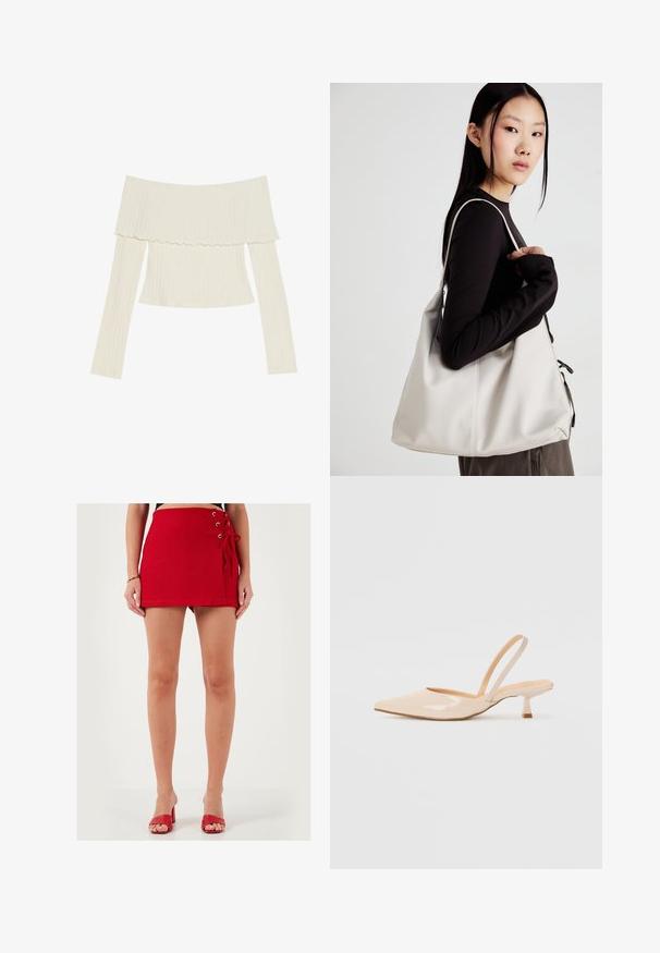 Top rib din culoare crem, cu umerii la vedere, având un guler desfundat și mâneci lungi cu o siluetă ajustată. Textura este uniform netedă.; Fustă mini roșie fabricată dintr-un material moale, cu detalii laterale legate cu dantele și capse metalice. Croi drept și textură netedă, purtată cu sandale cu toc roșii.; Pantofi cu toc slingback din piele patent bej, cu vârf ascuțit și toc subțire, pătrat. Textură netedă și design minimalist, fără detalii decorative.; Geantă bej din material moale, cu un design lejer, detalii cusute și două bretele pentru umăr. Potrivită pentru utilizarea zilnică.
