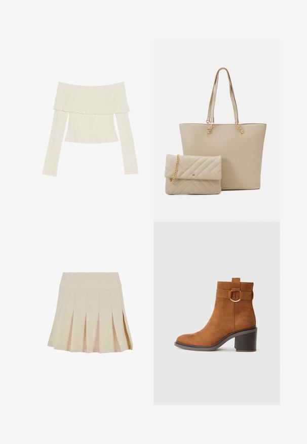 Top rib din culoare crem, cu umerii la vedere, având un guler desfundat și mâneci lungi cu o siluetă ajustată. Textura este uniform netedă.; Fustă plisată bej cu un brâu ajustat, realizată dintr-un material neted. Prezintă multiple pliuri verticale și un tiv drept.; Botine din suede maro, cu vârf rotunjit, toc bloc și o curea decorativă cu detaliu în formă de cataramă circulară.; Geantă tote bej cu mânere plate, textură netedă și elemente de metal aurii, asociată cu un clutch matlasat asortat, având un bretele din lanț.