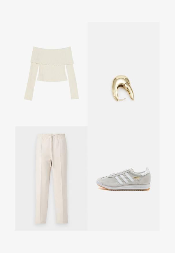 Kreemivärvi õlavarrelt avatud ribatop, millel on volangiga kaelus ja pikad varrukad, millel on eriline fookus figuuri tõttu. Üldiselt sile tekstuur.; Beežid jogger-püksid elastse vöökoha ja nööriga, sujuva tekstuuriga ja kahe esiseina väha, et anda neile kohandatud välimus.; Heled hallid tossud, mis on valmistatud nubukist ja võrgust, millel on kolm valget triipu, ümmargune varvas ja kummist tald. Kuldne logoelement paelte lähedal.; Kuldtooni metallist kõrvarõngas, millel on elegantne ja kaarjas disain. Omab silmapaistvat teravat kuju, poleeritud pinda ja hingesulgemist.