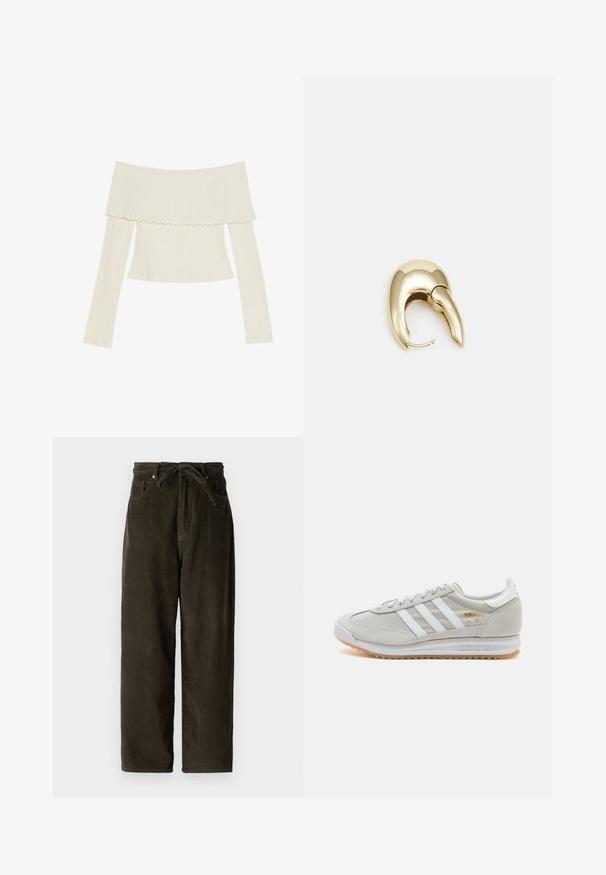 Avslag på skuldrene ribbet topp i kremfarge, med en volang-hals og lange ermer som har en tettsittende silhuett. Generelt glatt tekstur.; Mørkegrønne kordfløjlsbukser med brede ben, snor i livet, to forlommer og et blødt, struktureret stof.; Lys grå sneaker laget av semsket skinn og mesh, med tre hvite striper, rund tå og såle av gummi. Gull logo-aksent nær snørebåndene.; Gullfarget metalløredobber med et elegant, buet design. Har en karakteristisk spiss form, polert overflate og hengsel-lukking.