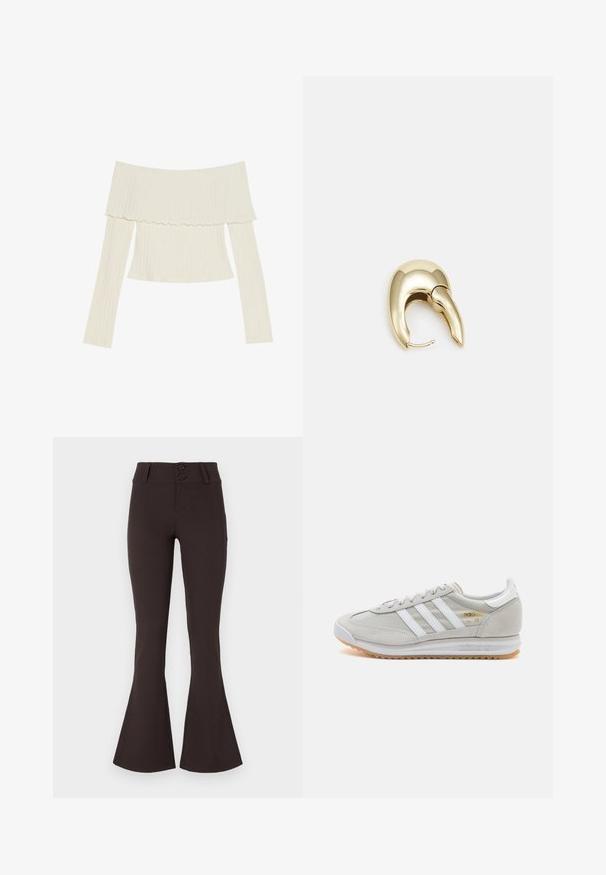 Kremkrāsas off-the-shoulder ribota blūze ar viļņainu kakla izgriezumu un garām piedurknēm, kas akcentē pieguļošu siluetu. Kopumā gluda tekstūra.; Brūni plati bikses, izgatavotas no elastīga auduma. Tām ir augsta josta ar divām pogām un gluda tekstūra. Nav rakstu vai rotājumu.; Gaišpelēka kedas, izgatavotas no zamša un sieta, ar trim baltām svītrām, apaļu purngalu un gumijas zoli. Zelta logo akcenta detaļa blakus auklām.; Zeltīti metāla auskari ar gludu, izliekta dizaina. Ar atšķirīgu smailu formu, pulētu virsmu un eņģu aizdari.