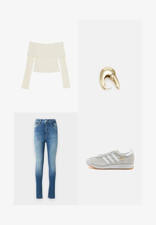 Top bez naramenica od rebrastog materijala u krem boji, s naboranim dekolteom i dugim rukavima u uskom kroju. Cjelokupna glatka tekstura.; U visokim skinny trapericama u izblijedjelom plavom denimu s blagim gradijentom. Sadrže klasičan dizajn s pet džepova i zatvaranje na dugme.; Svijetlosivi tenisice od antilopa i mrežice, s tri bijele pruge, okruglim vrhom i gumenom potplatom. Zlatni logo akcent blizu vezica.; Zlatne metalne naušnice s elegantnim, zakrivljenim dizajnom. Imaju karakterističan šiljast oblik, poliranu površinu i zatvaranje na šarku.