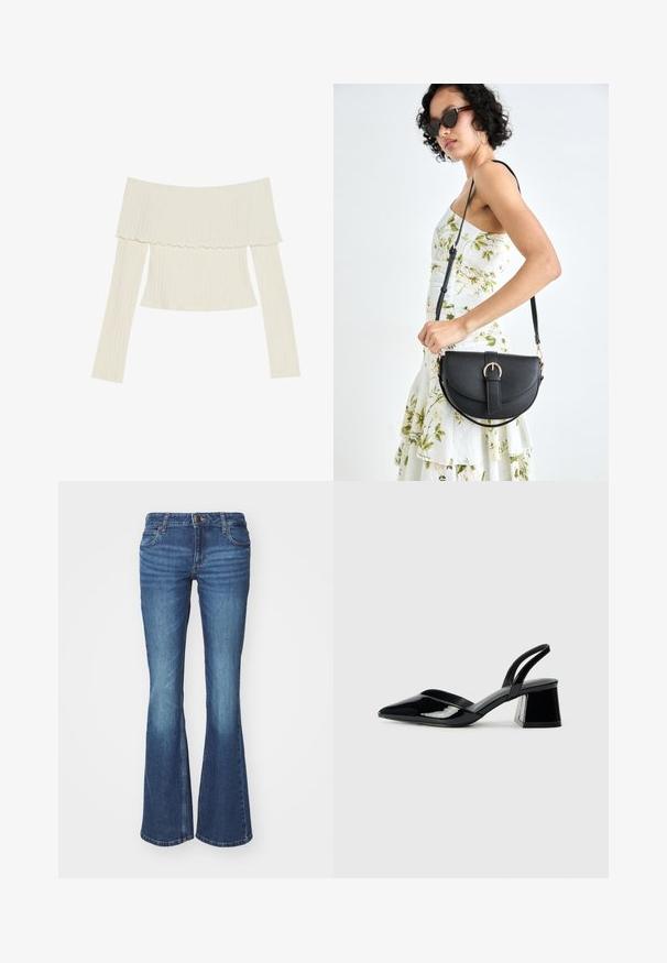 Rękawowa bluzka w kolorze kremowym, odsłaniająca ramiona, z falbaniastym dekoltem i długimi rękawami oraz dopasowanym krojem. Ogólnie gładka tekstura.; Dżinsy z rozszerzanymi nogawkami w średnim niebieskim denimu. Zawierają zapięcie na zamek błyskawiczny z metalowym guzikiem, dwie przednie kieszenie oraz efekty przetarcia w okolicach kolan.; Czarne lakierowane półbuty na obcasie z wydłużonym noskiem i geometrycznym słupkiem. Charakteryzują się eleganckim, minimalistycznym designem oraz gładką fakturą.; Czarna skórzana torebka o zakrzywionym kształcie, z odpinanym paskiem i złotymi akcentami. Torebka posiada klapę z zapięciem w kształcie klamry.
