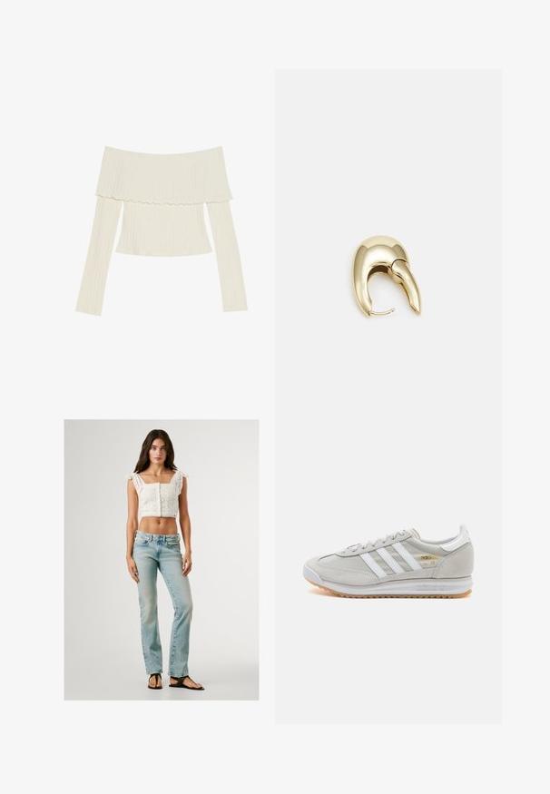 Kremkrāsas off-the-shoulder ribota blūze ar viļņainu kakla izgriezumu un garām piedurknēm, kas akcentē pieguļošu siluetu. Kopumā gluda tekstūra.; Baltā īsā tops ar caurumu dizainu un viļņotu apakšmalu, kombinēts ar gaiši ziliem taisniem džinsiem un melniem flip-flop apaviem.; Gaišpelēka kedas, izgatavotas no zamša un sieta, ar trim baltām svītrām, apaļu purngalu un gumijas zoli. Zelta logo akcenta detaļa blakus auklām.; Zeltīti metāla auskari ar gludu, izliekta dizaina. Ar atšķirīgu smailu formu, pulētu virsmu un eņģu aizdari.