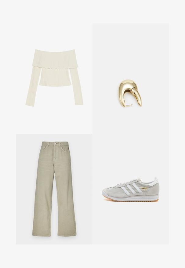 Krémový priliehavý top bez ramienok s riaseným výstrihom a dlhými rukávmi, ktorý má priliehavý strih. Celkový hladký povrch.; Khaki nohavice s širokými nohavicami vyrobené z bavlnenej zmesi. Majú zapínanie na gombík, päť vreciek a čistý, textúrovaný povrch látky.; Svetlosivé tenisky vyrobené z kože a sieťoviny, s tromi bielymi pruhmi, okrúhlou špičkou a gumovou podrážkou. Zlatý logový akcent pri šnúrkach.; Náušnice z kovu v zlatej farbe s elegantným, zakriveným dizajnom. Majú charakteristický špicatý tvar, leštený povrch a uzáver na pánt.