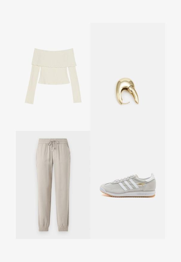 Top de canalé de color crema, con escote off-the-shoulder, cuello con volantes y mangas largas en una silueta ajustada. Textura general suave.; Pantalones jogger color beige claro hechos de una tela suave, con una cintura elástica y cordón, bolsillos laterales y puños elásticos.; Zapatilla de color gris claro hecha de ante y malla, con tres franjas blancas, punta redonda y suela de goma. Acento en logo dorado cerca de los cordones.; Pendiente de metal en tono dorado con un diseño elegante y curvado. Presenta una forma puntiaguda distintiva, superficie pulida y cierre de bisagra.