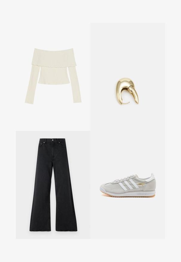 Off-the-shoulder ribbet top i cremefarve, med en flæset halsudskæring og lange ærmer med en tætsiddende silhuet. Overordnet glat tekstur.; Sort brede jeans lavet af tekstureret denim, med knaplukning, bæltestropper og forlommer. Glat finish med en løs pasform.; Lys grå sneaker lavet af ruskind og mesh, med tre hvide striber, rund tå og en sål af gummirubber. Guld logo detalje nær snørebåndene.; Guldtonet metal ørering med et slankt, buet design. Har en karakteristisk spids form, poleret overflade og hængselåbning.