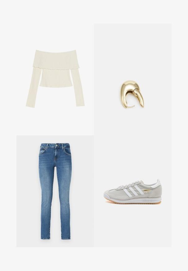 Kremkrāsas off-the-shoulder ribota blūze ar viļņainu kakla izgriezumu un garām piedurknēm, kas akcentē pieguļošu siluetu. Kopumā gluda tekstūra.; Tīrās džinsus, kas izgatavoti no zila denima ar izbalējušu apdari, ar piecām kabatām, jostas cilpām un ar rāvējslēdzēja aizdari ar pogu.; Gaišpelēka kedas, izgatavotas no zamša un sieta, ar trim baltām svītrām, apaļu purngalu un gumijas zoli. Zelta logo akcenta detaļa blakus auklām.; Zeltīti metāla auskari ar gludu, izliekta dizaina. Ar atšķirīgu smailu formu, pulētu virsmu un eņģu aizdari.