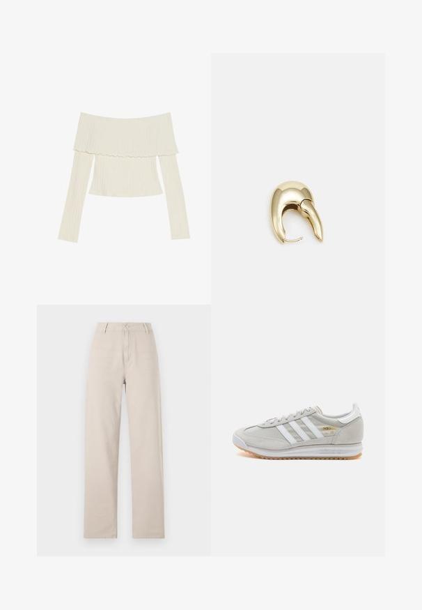 Off-the-shoulder geribde top in crèmekleur, met een ruches halslijn en lange mouwen met een aansluitende silhoutte. Over het geheel een fijne, gladde textuur.; Beige wijde broek van katoen, met een sluiting aan de voorkant met knoop, riemlussen en een klassieke pasvorm met strakke lijnen.; Lichtgrijze sneaker van suede en mesh, met drie witte strepen, ronde neus en een gumrubberen zool. Gouden logo-accent bij de veters.; Gouden metalen oorbel met een slank, gebogen ontwerp. Beschikt over een kenmerkende puntige vorm, gepolijste oppervlakte en scharnier sluiting.
