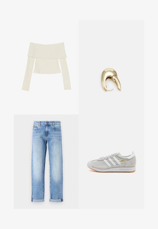 Kreemivärvi õlavarrelt avatud ribatop, millel on volangiga kaelus ja pikad varrukad, millel on eriline fookus figuuri tõttu. Üldiselt sile tekstuur.; Heled sinised teksad keeratud sääreotsadega, ees nupuga ja lukuga ning klassikalise viie taskuga disainiga valgel taustal.; Heled hallid tossud, mis on valmistatud nubukist ja võrgust, millel on kolm valget triipu, ümmargune varvas ja kummist tald. Kuldne logoelement paelte lähedal.; Kuldtooni metallist kõrvarõngas, millel on elegantne ja kaarjas disain. Omab silmapaistvat teravat kuju, poleeritud pinda ja hingesulgemist.