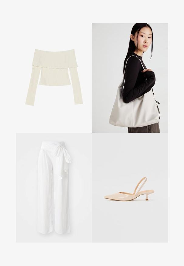 Top z rašeljimi rokavi v kremni barvi, ki ima nagubano ovratnico in dolge rokave ter usklajen silhuet. Splošna gladka tekstura.; Bele široke hlače iz mehke, lahke tkanine. Imajo zavezovanje v pasu in tekoč, drapiran dizajn za enostavno gibanje.; Bež čevlji na peto iz patentiranega usnja, s koničastim nosom in ozko kvadratno peto. Gladka tekstura in minimalističen dizajn brez okrasja.; Bežna torbica iz mehkega materiala, z ohlapno zasnovo, šivi in dvema naramnicama. Primerna za vsakodnevno uporabo.