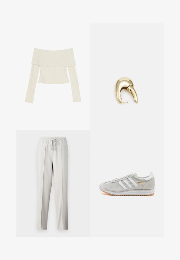 Top z rašeljimi rokavi v kremni barvi, ki ima nagubano ovratnico in dolge rokave ter usklajen silhuet. Splošna gladka tekstura.; Svetlo sivi jopki s elastičnim pasom, vrvico in stranskimi šivi. Narejeni iz gladkega materiala za sproščen fit.; Svetlo sivi tenisice od antilopa i mrežaste tkanine, s tri bijele pruge, okruglim vrhom i gumenim potplatom. Zlatni logo akcent blizu vezica.; Uhane nakit iz zlatastega tona z gladko, ukrivljeno zasnovo. Ima edinstveno koničasto obliko, polirano površino in zaponko s tečajem.