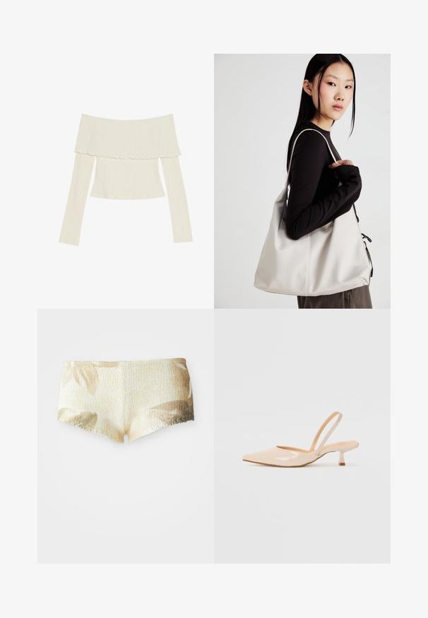 Kreminės spalvos viršutinė dalis be petnešėlių, su raukiniais aplink iškirptę ir ilgomis rankovėmis, turinti prigludusią siluetą. Bendrai lygi tekstūra.; Šviesiai smėlinės spalvos megzti šortai su gėlių raštu. Turintys tekstūruotą paviršių ir banguotą kraštą. Minkšta ir lengva medžiaga.; Bežinės patentinės odos slingback kulniukai su smailiu priekiniu kraštu ir prašmatniu kvadratiniu kulnu. Lygus paviršius ir minimalizmo dizainas be puošmenų.; Bežinė rankinė, pagaminta iš minkštos medžiagos, turinti laisvą dizainą, siuvinėtas detalės ir dvi petnešos. Tinkama kasdieniam naudojimui.