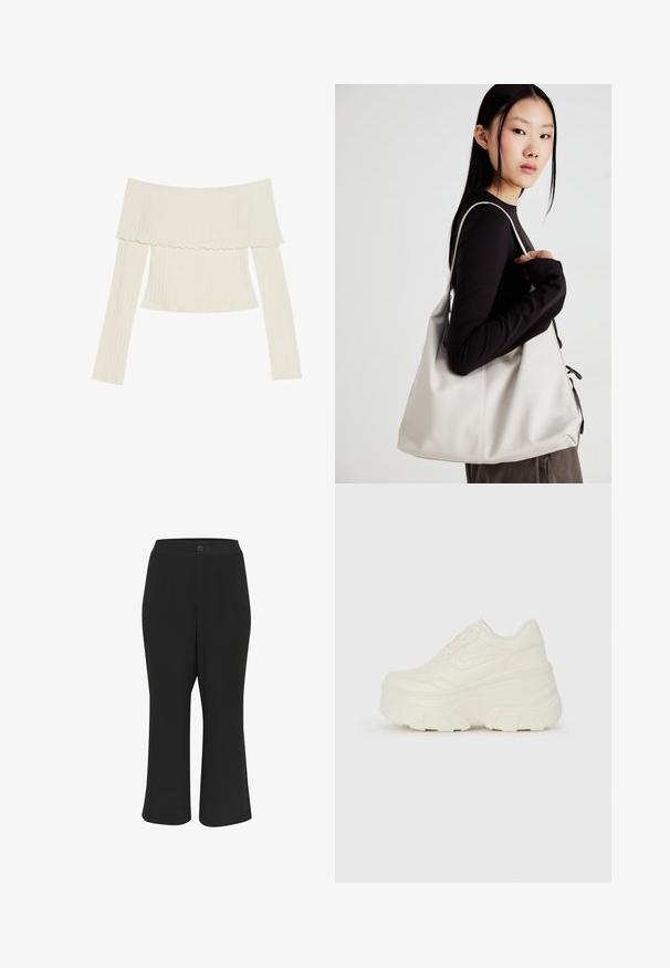 Off-the-shoulder geribde top in crèmekleur, met een ruches halslijn en lange mouwen met een aansluitende silhoutte. Over het geheel een fijne, gladde textuur.; Zwarte cropped broek met een soepele textuur, een knoopsluiting en twee zakken aan de voorkant. Het ontwerp heeft een rechte pasvorm en minimale details.; Witte platform sneakers met een gladde leren bovenkant, afgeronde vorm, gewatteerde kraag en een gestructureerde rubberen zool met duidelijke profiel.; Beige handtas gemaakt van zacht materiaal, met een slonzig ontwerp, gestikte details en twee schouderbanden. Geschikt voor dagelijks gebruik.