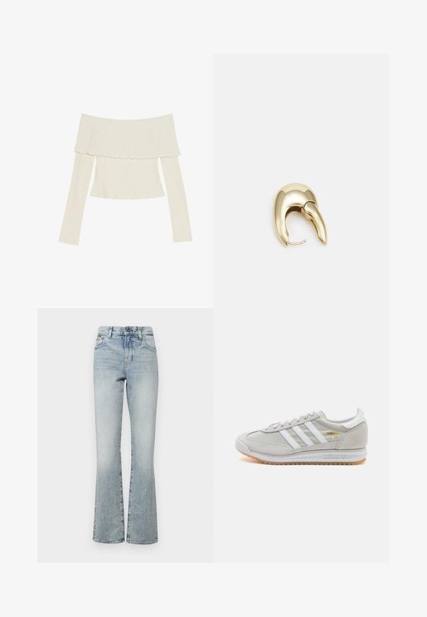 Kreemivärvi õlavarrelt avatud ribatop, millel on volangiga kaelus ja pikad varrukad, millel on eriline fookus figuuri tõttu. Üldiselt sile tekstuur.; Heledadest denim-flared teksased kõrge vöökoht, mis sisaldab viit taskut ja minimaalset riistvara. Kangas on sileda tekstuuriga ja pleekinud viimistlusega.; Heled hallid tossud, mis on valmistatud nubukist ja võrgust, millel on kolm valget triipu, ümmargune varvas ja kummist tald. Kuldne logoelement paelte lähedal.; Kuldtooni metallist kõrvarõngas, millel on elegantne ja kaarjas disain. Omab silmapaistvat teravat kuju, poleeritud pinda ja hingesulgemist.