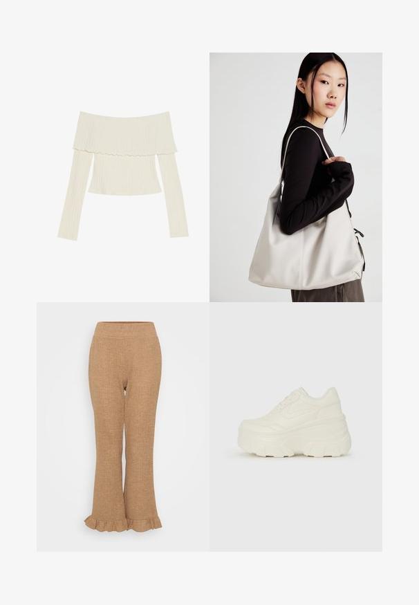 Avslag på skuldrene ribbet topp i kremfarge, med en volang-hals og lange ermer som har en tettsittende silhuett. Generelt glatt tekstur.; Lys brun ribbet strikkede bukser med utsvingt bunn og volangkant. Elastisk midjebånd for komfort. Jevn tekstur gjennom hele.; Hvite plattformsnickers med en glatt læraktig overdel, avrundet form, polstret krage og teksturert gummisåle med tydelige dekk.; Beige håndveske laget av mykt materiale, med en slapp design, sydd detaljer og to skulderstropper. Passer for daglig bruk.
