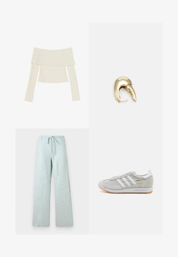 Kreemivärvi õlavarrelt avatud ribatop, millel on volangiga kaelus ja pikad varrukad, millel on eriline fookus figuuri tõttu. Üldiselt sile tekstuur.; Heledad õhulised helesinised püksid, mis on valmistatud tekstuuritud kangast. Omavad nööriga vööd ja nööbiga sulgemist, koos vertikaalsete triipudega üle kogu pinda.; Heled hallid tossud, mis on valmistatud nubukist ja võrgust, millel on kolm valget triipu, ümmargune varvas ja kummist tald. Kuldne logoelement paelte lähedal.; Kuldtooni metallist kõrvarõngas, millel on elegantne ja kaarjas disain. Omab silmapaistvat teravat kuju, poleeritud pinda ja hingesulgemist.