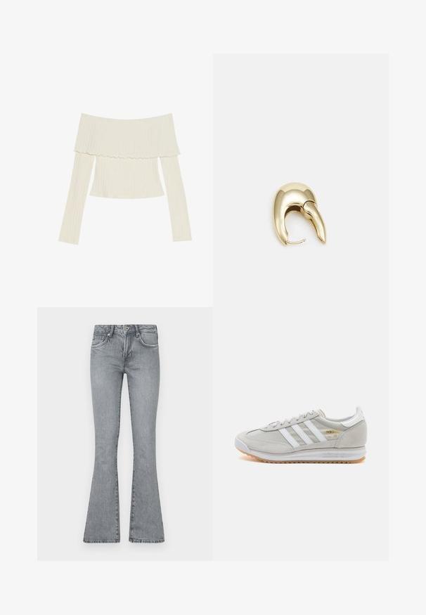 Top a spalla scoperta in color crema, con scollatura a balze e maniche lunghe, dalla silhouette aderente. Texture complessivamente liscia.; Jeans a zampa d'elefante grigi chiari realizzati in denim. Presentano una vita alta, un design a cinque tasche e un lavaggio sbiadito con dettagli di cucitura lungo le cuciture.; Sneaker grigio chiaro realizzato in suede e rete, con tre strisce bianche, punta arrotondata e suola in gomma color caramello. Accento del logo dorato vicino ai lacci.; Orecchino in metallo color oro con un design elegante e curvo. Presenta una forma appuntita distintiva, superficie lucida e chiusura a cerniera.