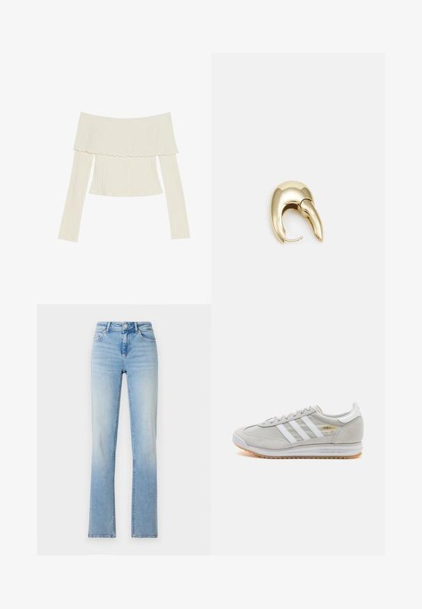 Krémový priliehavý top bez ramienok s riaseným výstrihom a dlhými rukávmi, ktorý má priliehavý strih. Celkový hladký povrch.; Svetlomodré džínsy s vysokým pásom, rovnými nohavicami a jemným zosvetlením. Obsahujú päť vreciek a pútka na opasok.; Svetlosivé tenisky vyrobené z kože a sieťoviny, s tromi bielymi pruhmi, okrúhlou špičkou a gumovou podrážkou. Zlatý logový akcent pri šnúrkach.; Náušnice z kovu v zlatej farbe s elegantným, zakriveným dizajnom. Majú charakteristický špicatý tvar, leštený povrch a uzáver na pánt.