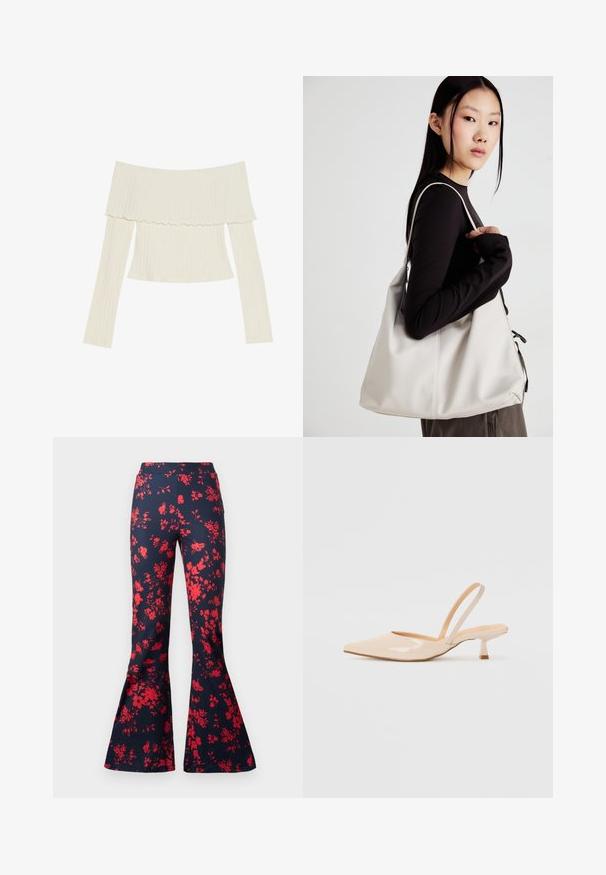 Kreemivärvi õlavarrelt avatud ribatop, millel on volangiga kaelus ja pikad varrukad, millel on eriline fookus figuuri tõttu. Üldiselt sile tekstuur.; Tumedad põlvpüksid, mis on valmistatud tumehallist kangast erksate punaste lillemusteritega. Kirjeldavad kitsast vöökohta ja kellukese kujuga jalgu. Silky tekstuur.; Beežist lakitud nahast slingback kontsad terava nina ja peene ruudukujulise kontsaga. Sile tekstuur ja minimalistlik disain ilma kaunistusteta.; Bež käekott pehme materjali, millel on lõtv disain, õmblustega detailid ja kaks õlarihma. Sobib igapäevaseks kasutamiseks.