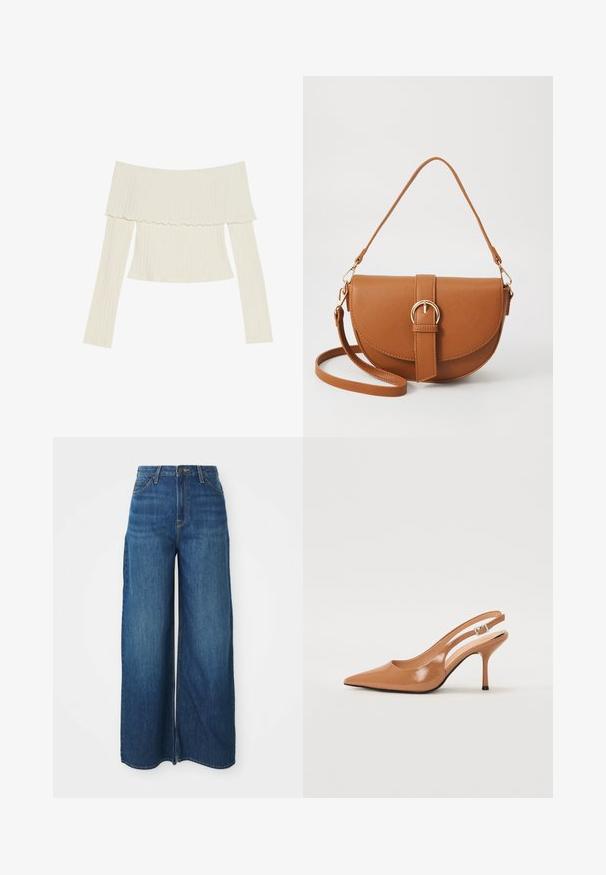Off-shoulder ribbad topp i krämfärg, med en volangkant i halsen och långa ärmar med en figurnära silhuett. Allt är i en jämn textur.; Höga byxor med vida ben i blå denim, med framfickor, bältesöggor, knappstängning och synlig sömnad på vit bakgrund.; Tåspets slingback-häl i ett slätt, glansigt brunt material. Har en kurvad utskärning och en smal stilettklack. Silverdetalj med spänne.; Brun läder crossbody-väska med en böjd form, gyllene detaljer och en spänneaccent. Har en avtagbar axelrem.