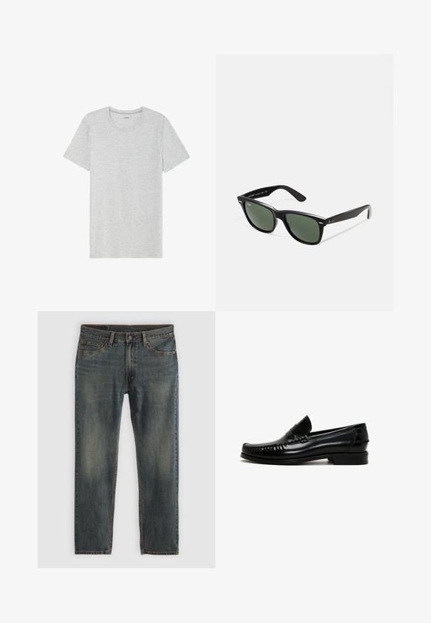 Gray short-sleeve T-shirt, made from a soft, lightweight fabric. Straight-cut hem, classic crew neck design, and subtle heather texture.; Blue denim jeans with a straight leg design, featuring a classic five-pocket style, stitching accents, and a slightly faded finish.; Black leather loafers with a rounded toe, stitched detailing along the edges, and a low block heel. Smooth texture and minimalist design.; Black plastic sunglasses with green lenses, square frames, silver accent on the brow, and textured temple arms. Stated brand on inner arm.