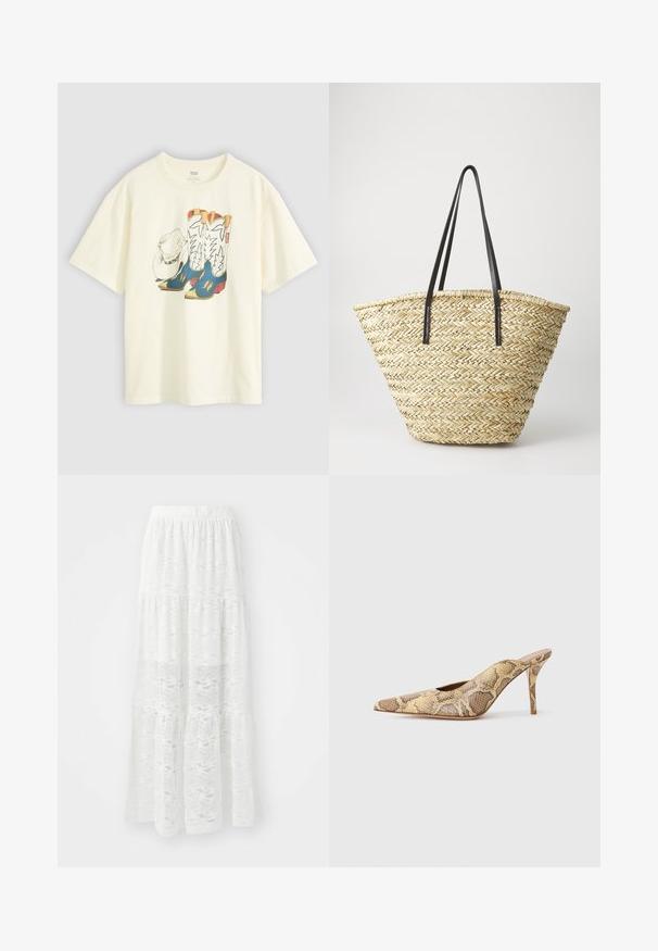 Biała bawełniana koszulka z graficznym wzorem przedstawiającym kowbojskie buty i kapelusz. Buty są niebieskie z żółtymi akcentami i białymi detalami.; Biała, warstwowa spódnica maxi z koronkowego materiału, z falistym wzorem i elastycznym paskiem w talii. Lekka i swobodna konstrukcja idealna na ciepłe dni.; Sandały na słupku z wydłużonym noskiem w teksturowanym wzorze węża w odcieniach beżu i brązu; charakteryzują się szpilką i wyciętymi bokami.; Woven straw tote bag o szerokim, stożkowatym kształcie, z dwoma czarnymi skórzanymi uchwytami. Naturalny beżowy kolor o fakturowej powierzchni.
