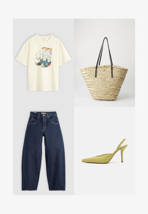 Hvid bomulds T-shirt med et grafik af cowboy støvler og en hat. Støvlerne er blå med gule accenter og hvide detaljer.; Mørkeblå denim jeans med løs pasform, lyse syninger, fem lommer og en knaplukning ved taljen.; GIABORGHINI OCTAVIE - Højhælede pumps - green; Vævet stråtaske med en bred, afsmalnet form, der har to sorte læderhåndtag. Naturlig beige farve med en tekstureret overflade.