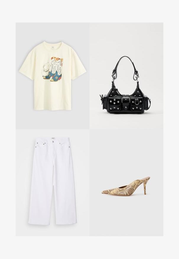 Bela bombažna majica z grafiko kavbojk in klobuka. Kavbojke so modre z rumenimi detajli in belimi poudarki.; Beli široke kavbojke iz denima, z obliko petih žepov, kovinsko strojno opremo in visokim pasom, s čistim zaključkom na robu.; Čevlji s peto in odprtim zadnjim delom z pointed-toe obliko v teksturiranem vzorcu kačjega usnja v bež in rjavih tonih; imajo stileto peto in izrezane stranice.; Črna usnjena torbica s ukrivljenim dizajnom, ki vsebuje srebrne žebljičke, zaponko in dve stranski žepki. Nastavljiv trak za različne možnosti nošenja.