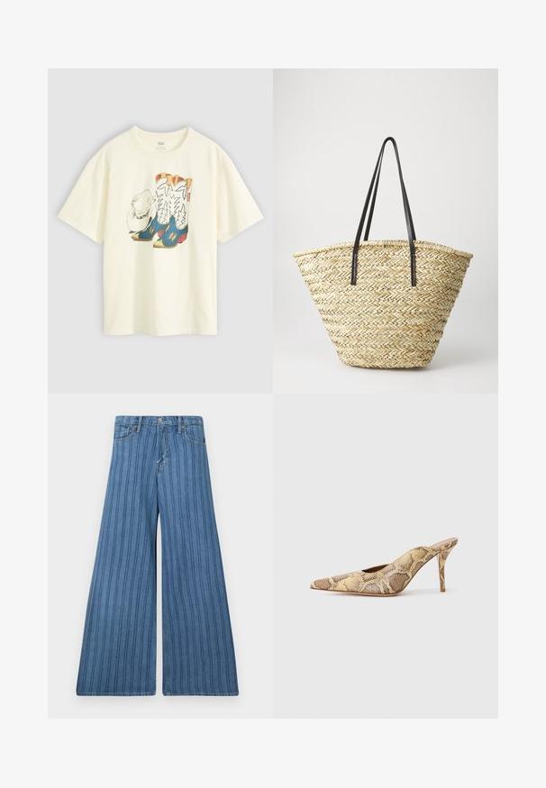 Fehér pamut póló, cowboy csizmák és kalap grafikájával. A csizmák kék színűek, sárga akcentussal és fehér részletezéssel.; Tágított szárú farmernadrág középkék denim színben, függőleges csíkokkal, gombos záródással, öt zsebével és varrott részletezéssel az oldalvarrások mentén.; Hevederes, hegyes orrú magassarkú cipők kék és barna árnyalatú struktúrált kígyómintás anyagból; stiletto sarokkal és kivágott oldalakkal rendelkezik.; Szőtt szalmából készült táska, széles, kúpos formával, két fekete bőrkarral. Természetes bézs szín, texturált felülettel.