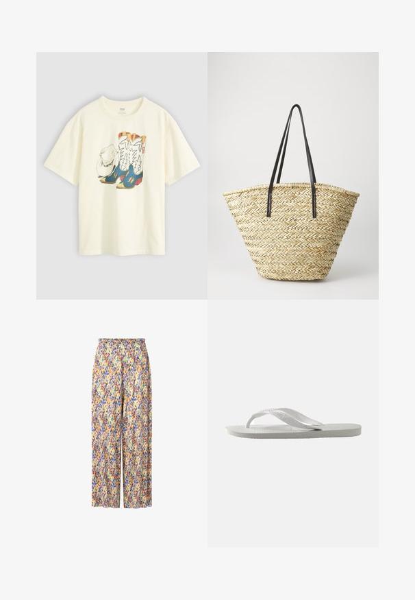 T-shirt en coton blanc avec un motif de bottes de cowboy et d'un chapeau. Les bottes sont bleues avec des accents jaunes et des détails blancs.; Pantalons larges à motif avec une taille smockée. Les couleurs incluent le jaune, le violet, le bleu et le vert dans un design éclaboussé.; Tongs blanches avec une semelle texturée et deux fines sangles. Les sangles sont lisses avec un logo subtil. Pas de motifs ni d'accents supplémentaires.; Sac en osier tissé avec une forme large et effilée, doté de deux poignées en cuir noir. Couleur beige naturel avec une surface texturée.