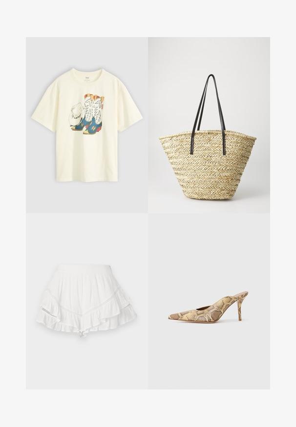Bílý bavlněný tričko s grafikou kovbojských bot a klobouku. Boty jsou modré s žlutými akcenty a bílými detaily.; Bílé sukně s vrstvenými volány, vyrobené z lehké látky. Má dekorativní švy podél švů a přiléhavý pas.; Sandy podpatky s špičatou špičkou v texturovaném hadím vzoru v béžových a hnědých tónech; mají jehlový podpatek a vykrojené strany.; Tkaná slámová taška s širokým, zúženým tvarem, se dvěma černými koženými uchy. Přírodní béžová barva s texturovaným povrchem.
