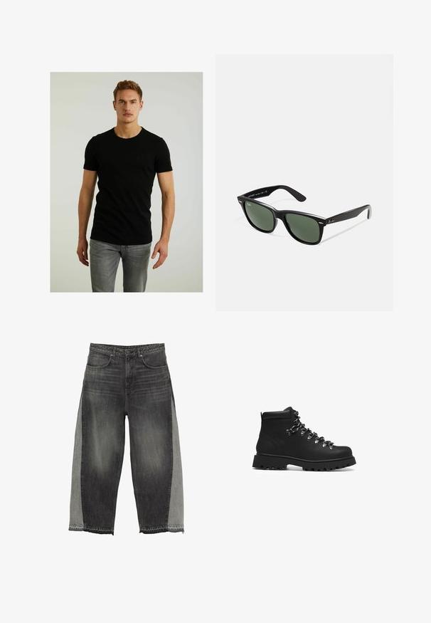 Schwarzes Kurzarm-T-Shirt aus Baumwolle, mit einem runden Ausschnitt und einem kleinen, eingeprägten quadratischen Logo auf der linken Brust. Getragen mit hellgrauen Jeans.; Weite Jeans aus dunkelgrauem Denim mit kontrastierenden hellgrauen Seitenpaneelen. Rohe Saumdetails verstärken das einzigartige Design. Fünf-Taschen-Stil.; Schwarze Lederwanderstiefel mit einer robusten Gummisohle, metallenen Schnürhaken und einem hohen Knöcheldesign für Unterstützung und Langlebigkeit.; Schwarze Plastiksonnenbrille mit grünen Gläsern, quadratischen Rahmen, silbernem Akzent auf der Augenbraue und strukturierten Bügeln. Angegebene Marke auf dem inneren Bügel.
