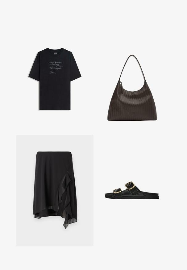 Musta puuvillainen t-paita lyhyillä hihoilla, jossa on valkoinen käsinkirjoitettu teksti etupuolella. Pyöreä kaula-auko, reilu malli, sileä rakenne.; Musta hame kerroksellisilla röyhelöillä, valuvaa materiaalia, epäsymmetrinen helma, joustava vyötärö ja läpikuultavat yksityiskohdat sivuilla.; Musta liukusandaali, jossa on kaksi kultaisesta solkesta tehtyä korostusta, sileäpintainen materiaali, litteä pohja ja minimalistinen muotoilu.; Kudottu tumma ruskea nahkakäsilaukku, jossa on kaareva, leveä hihna ja sileä pinta. Varustettu vetoketjulla ja tilavalla, rakenteellisella muodolla.