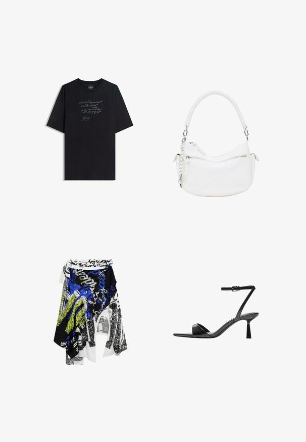 Zwarte katoenen t-shirt met korte mouwen, met een ontwerp van wit handgeschreven tekst op de voorkant. Ronde hals, relaxte pasvorm, gladde textuur.; Desigual ASYMMETRIC - Maxirok - black; Bershka Sandalen met hoge hak - black; Witte nepleren handtas met een gebogen vorm, textuur handvat, zilveren hardware en een ritsvak. Voorzien van een debossed logo.