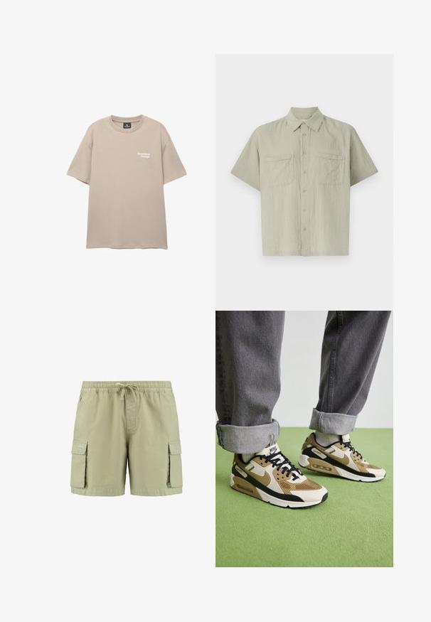 Beige lyhythihainen t-paita, joka on valmistettu pehmeästä puuvillasta. Siinä on pyöreä pääntie ja pieni valkoinen tekstipainatus, jossa lukee "Saumatonta suunnittelua" edessä.; Vaaleanharmaa, lyhythihainen paita, joka on valmistettu tekstuurikankaasta. Varustettu nappilistalla ja kahdella rintataskulla. Klassinen kaulussuunnittelu.; Kaki cargo shorts dengan pinggang elastis, penutupan tali, dua saku samping, dan dua saku cargo samping. Terbuat dari kain ringan.; Nike Air Max 90 tennarit beige- ja mustissa väreissä, joissa on verkko- ja nahkamateriaaleja, näkyvää vaimennusta ja mustat nauhat.