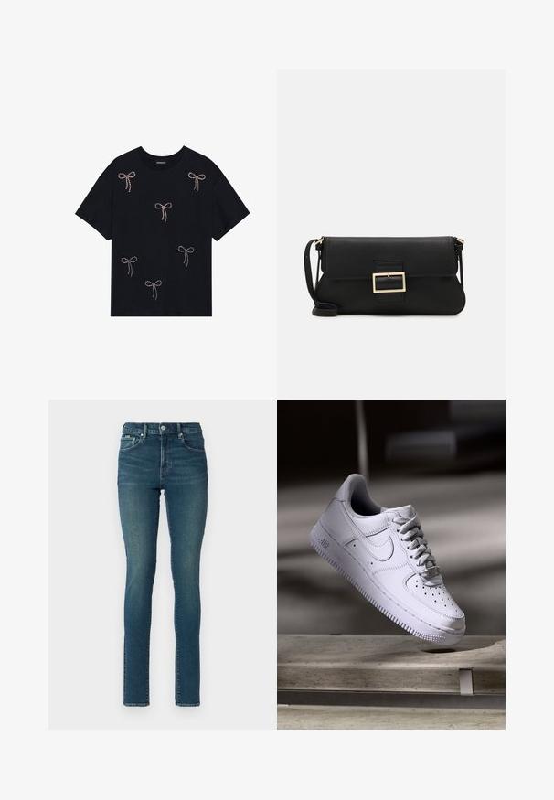 Melna kokvilnas t-kreklu ar vairākiem strazdu rotātiem loku dizainiem priekšpusē. Ar apļa kaklu un īsām piedurknēm.; Šaurie džinsi, izgatavoti no tumši zilas denim auduma ar augstu jostasvietu, ar piecām kabatām un priekšējo pogu aizdari. Gluda tekstūra un pieguļošs dizains.; Balts Nike Air Force 1 kurpes, kas levitē virs betona virsmas ar ēnām minimālistiskā vidē.; Melnas ādas saķeres soma ar atloku un zelta metāla sprādzi. Ietver melnu siksnu un elegantu, minimālistisku dizainu.; Zelta auskari ar gludu, spīdīgu apdari. Apaļš dizains, kas ietver mazu tapu un caurspīdīgu pamatni drošai valkāšanai.
