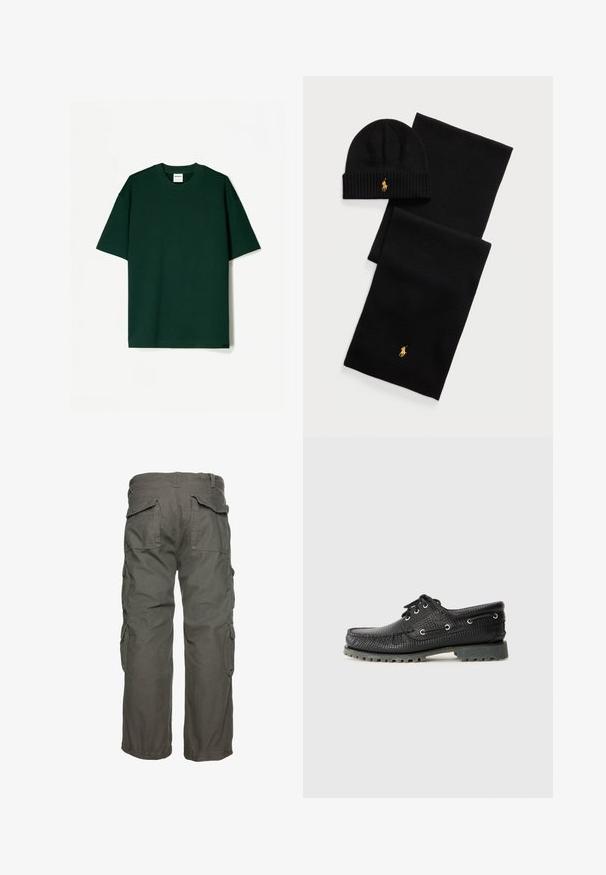 Dunkelgrünes T-Shirt mit kurzen Ärmeln aus glattem Baumwollstoff, mit Rundhalsausschnitt und geradem, lässigem Schnitt.; Cargo-Hosen in Olivgrün, mit mehreren Seitentaschen, einer lockeren Passform und verstellbaren Bündchen für einen sicheren Sitz. Strapazierfähiger Baumwollstoff.; Schwarze, strukturierte Schnürschuhe mit runder Zehenform, metallischen Ösen und einer robusten grauen Gummisohle. Verfügt über ein gewebtes Muster im oberen Bereich.; Schwarzes Strickmütze- und Schals-Set. Verfügt über eine gerippte Textur und goldene Logo-Akzente. Weicher Stoff mit einem eleganten Design, geeignet für kaltes Wetter.; Schwarzes Strickmütze- und Schals-Set. Verfügt über eine gerippte Textur und goldene Logo-Akzente. Weicher Stoff mit einem eleganten Design, geeignet für kaltes Wetter.