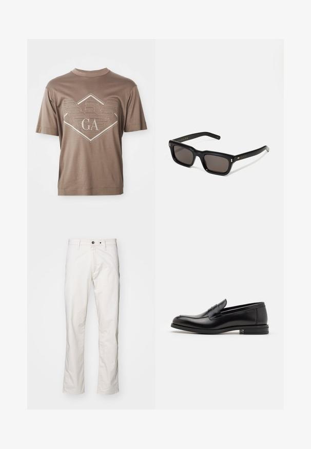 Brown short-sleeve T-shirt with a stitched geometric emblem and "GA" letters centered on the chest.; White cotton trousers with a straight-leg cut, featuring two front pockets and two back pockets, button closure, and minimal stitching details.; Black leather loafers with a smooth texture, rounded toe, and a decorative strap across the vamp. Low stacked heel, minimalist design.; Black rectangular sunglasses with dark lenses, thick plastic frame, gold accents on temples, and brand logo engraved on the arm.