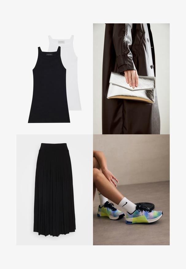 Zwei ärmellose Oberteile in Schwarz und Weiß. Hergestellt aus weichem, dehnbarem Stoff mit ribbeliger Textur und körpernahem Schnitt. Mit schmalen Trägern ausgestattet.; Schwarzer plissierter Rock mit breitem, dehnbarem Bund. Gefertigt aus weichem Stoff, mit vertikalen Falten für eine fließende Silhouette.; Mehrfarbige Sportschuhe mit einem Farbverlauf, der von Blau nach Grün übergeht, ausgestattet mit schwarzen Schnürsenkeln und einem auffälligen Nike-Swoosh.; Silberner metallischer Clutch mit einem eckigen Umschlagdesign, glatter Textur und kontrastierender Innenfarbe, gehalten in einer Hand, die einen schwarzen Mantel trägt.