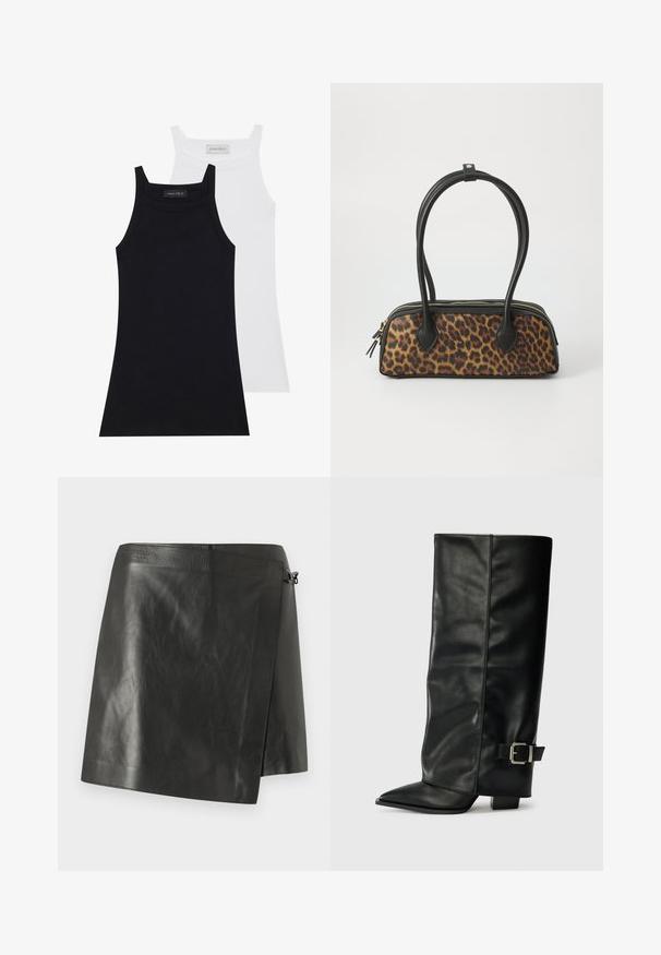 Két ujjatlan felső fekete és fehér színben. Puha, rugalmas anyagból készült, bordás textúrával és testhezálló fazonnal. Keskeny pántokkal rendelkezik.; Fekete bőr szoknya sima textúrával, kötött dizájnnal és oldalsó cipzárral. Egyszerű szegélyvarrás és dombornyomott logó a deréknál.; Fekete bőr bokáig érő csizmák hegyes orral, sima felülettel és ezüst csattal az oldalon. Tömbös négyzet alakú sarok.; Leopárdmintás kézitáska fekete műbőr alappal, dupla felső fogantyúval, arany szippantyúval és fekete műbőr díszítőelemekkel. Téglalap alakú.