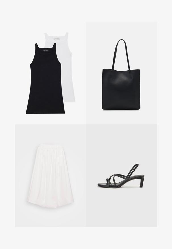 Divi bezpiedurkņu topi melnā un baltā krāsā. Izgatavoti no mīksta, elastīga auduma ar ribotu tekstūru un pieguļošu piegriezumu. Iekļauj šauras siksnas.; Balta ceļa garuma svārki ar elastīgu jostu, izgatavoti no gludas auduma, ar savalkātu dizainu, kas piešķir apjomīgu formu.; Melnas strappy sandales ar kvadrātveida purngaliem un zemu bloku papēdi. Ievērojamas ar vairākiem plāniem siksniņām un regulējamu potītes siksniņu. Izgatavotas no gludas ādas.; Melnas ādas somiņa ar gludu tekstūru, taisnstūra formu un divām garām rokturiem. Nav redzamu aparatūras vai rotājumu.; Sudraba riņķa auskari ar gludu, apaļu dizainu un pulētu apdari. Tie ir plāni un viegli, ar vienkāršu aizdari.