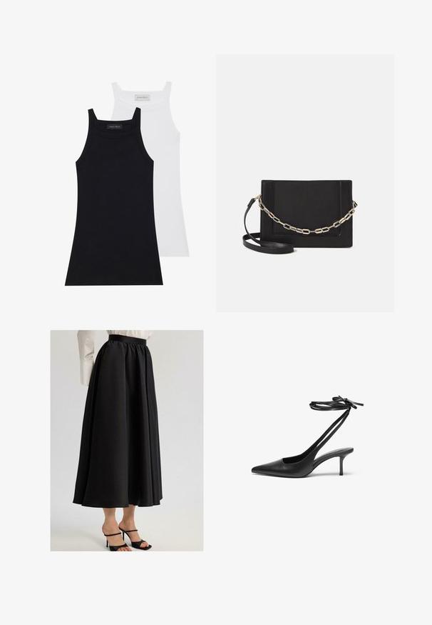 Dos camisetas sin mangas en negro y blanco. Están hechas de una tela suave y elástica con una textura acanalada y un diseño ajustado. Cuentan con tirantes estrechos.; Falda maxi negra hecha de una tela suave, con una cinturilla fruncida y un diseño fluido, combinada con sandalias de tacón negro con tiras.; Zapato de charol negro con tacón de aguja y punta afilada, con la parte trasera abierta y correas en los tobillos atadas en forma de lazo. Tacón delgado de 3 pulgadas. Textura suave, diseño minimalista.; Bolso cruzado de piel negra con textura suave, forma rectangular y un detalle de cadena metálica en el frente. Incluye una correa ajustable.