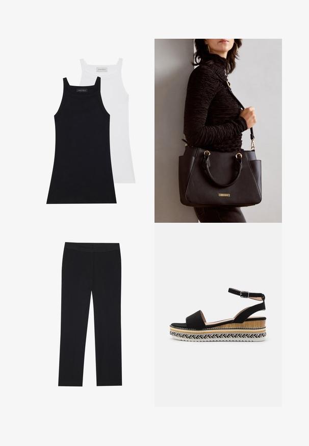 Kaksi hihattomaa toppia mustana ja valkoisena. Valmistettu pehmeästä, venyvästä kankaasta, jossa on ohut ribbidetekstuuri ja vartalonmyötäinen muotoilu. Ominaisuuksina kapeat olkaimet.; Mustat housut suoranlahkeisella muotoilulla, joissa on sivutaskut ja sileä kangas. Vähäisellä yksityiskohdalla, siisti vyötärö.; Mustasaumainen sandaali leveällä hihnalla, nilkkataskulla ja kerrostetulla wedge-pohjalla, jossa on luonnollisia tekstuureja ja punottu kuvio.; Musta käsilaukku, jossa on teksturoitu pinta, kaksi yläkantta ja säädettävä olkahihna. Varustettu kultasävyisillä varusteilla ja sivutaskuilla.