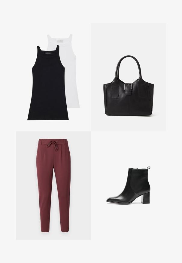 Kaksi hihattomaa toppia mustana ja valkoisena. Valmistettu pehmeästä, venyvästä kankaasta, jossa on ohut ribbidetekstuuri ja vartalonmyötäinen muotoilu. Ominaisuuksina kapeat olkaimet.; Burgundy-elastic vyötäröhousut, joissa on säädettävä nyöri, kapenevat lahkeet ja sileä, pehmeä kangas. Etupleaat tarjoavat hoidettua ilmettä.; Musta nahkainen nilkkuri, jossa on pyöreä kärki, keskikorkea paksu korko ja vetoketju takana. Sujuva pinta, minimalistinen muotoilu.; Musta nahkainen olkalaukku, jossa on sileä pinta, ryhdikäs muoto, kaksi kahvaa ja silmienpistävä hopeinen solkiyksityiskohta edessä.; Hopeinen kaksinkertainen rengas, jossa on sileä, kiillotettu pinta. Siinä on sulava, kaareva muotoilu, jossa on päällekkäisiä osia modernin ilmeen saavuttamiseksi.