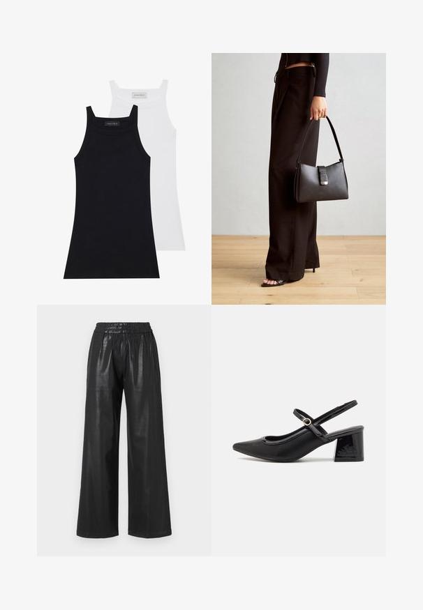 Dve brezrokavne majice v črni in beli barvi. Narejene iz mehkega, raztegljivega materiala z rebrasto teksturo in oprijetim dizajnom. Imajo ozke naramnice.; Črne široke hlače iz umetnega usnja z 엘astičnim pasom, opremljene z dvema stranskima žepoma in gladko, sijočo teksturo.; Črne patentne usnjene salonarce s slingback obliko, s koničastim nosom, zaobljenim izrezom in blok peto. Imajo zlato kovinsko zaponko kot dodatno okrasje.; Črna torbica z strukturirano obliko, gladko teksturo in kovinskim zaponko. Ujemajo se z širokimi črnimi hlačami in odprtimi sandali na lesenem tleh.