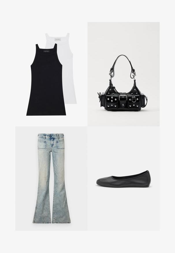 Dwie bezrękawniki w kolorze czarnym i białym. Wykonane z miękkiego, elastycznego materiału o prążkowanej fakturze i dopasowanym kroju. Posiadają cienkie ramiączka.; Jasnoniebieskie dzwony z wybledzonym wykończeniem, z dwoma przednimi kieszeniami, dwiema tylnymi kieszeniami oraz zapięciem na guzik.; Czarne skórzane baletki z zaokrąglonym noskiem, gładką fakturą, minimalnymi przeszyciami i elastycznym designem podeszwy.; Czarna skórzana torebka w zakrzywionym kształcie, z srebrnymi ćwiekami, klamrą i dwoma bocznymi kieszeniami. Regulowany pasek umożliwiający różne opcje noszenia.