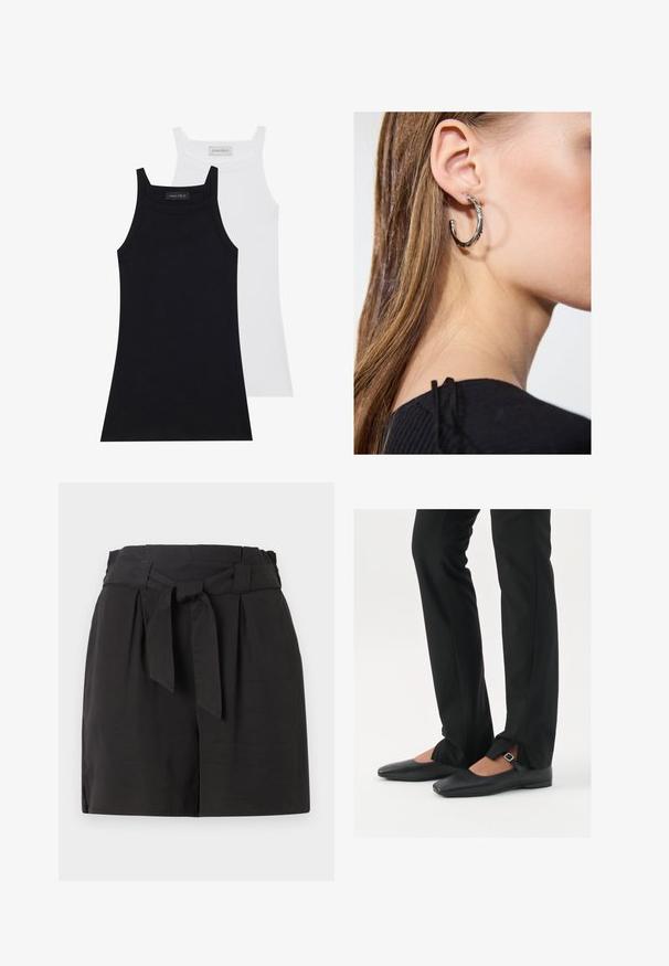 Két ujjatlan felső fekete és fehér színben. Puha, rugalmas anyagból készült, bordás textúrával és testhezálló fazonnal. Keskeny pántokkal rendelkezik.; Fekete rövidnadrág hajtott derékkal és megkötő részlettel. Simogató anyagból készült, öltönyre szabott fazonban, oldalsó hasítékkal a kényelem érdekében.; Fekete bőr balettcipők hegyes orral, ezüst csattal ellátott pánttal, fekete szabott nadrággal, amelynek hasított szegélye van.; Ez egy ezüst fülbevaló, sima felülettel, amelyen apró arany díszítőelemek találhatók. Kerek formájú és a fülcimpán viselik.